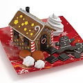 Gingerbread House And Festive Sweets On Red Plate 3d model