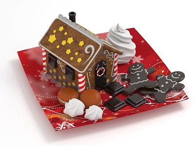 Gingerbread House And Festive Sweets On Red Plate 3d model