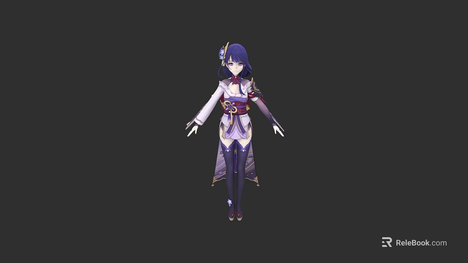 Anime Style Female Game Character With Purple Hair And Traditional White Purple Outfit 3d model 