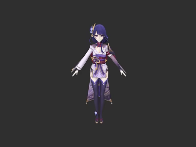 Anime Style Female Game Character With Purple Hair And Traditional White Purple Outfit 3d model