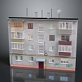 Multistory Apartment Building With Gray Brick Exterior Windows Balconies Red Door Graffiti And Antennas