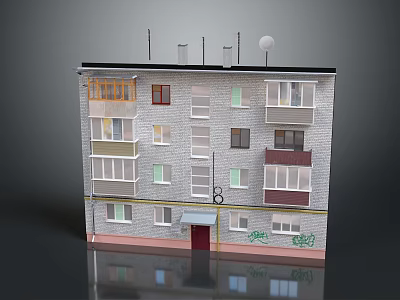 Multistory Apartment Building With Gray Brick Exterior Windows Balconies Red Door Graffiti And Antennas 3d model
