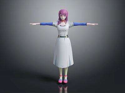 Game Movie Character With Pink Hair White Dress Blue Sleeves Belt And Arms Outstretched 3d model