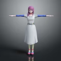Game Movie Character With Pink Hair White Dress Blue Sleeves Belt And Arms Outstretched