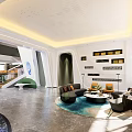 Modern Reception Hall Design With Curved Desk Marble Floor And NOVO Signage