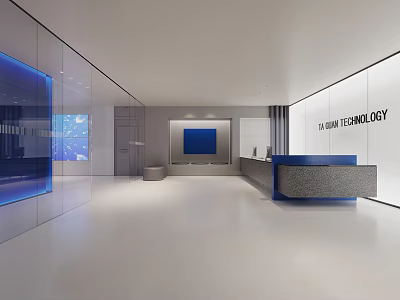Sleek Modern Tech Company Reception Area With Bright Spacious Blue And Gray Minimalist Interior Design 3d model
