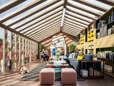 Villa Balcony With Glass Roof Wooden Structure Cozy Sofa Coffee Table Bookshelves Green Plants Decorations 3d model