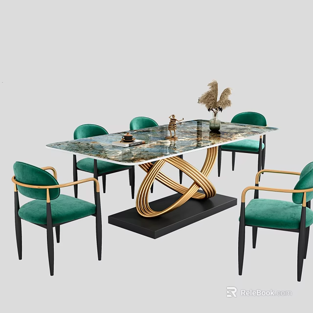 Elegant Modern Dining Table Set With Marble Top Gold Wrapped Legs And Green Upholstered Chairs 3d model 