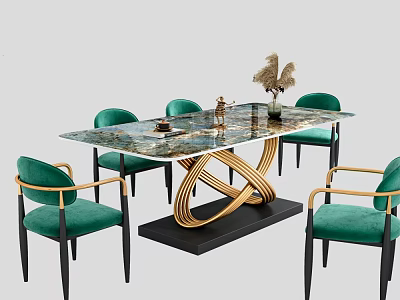 Elegant Modern Dining Table Set With Marble Top Gold Wrapped Legs And Green Upholstered Chairs 3d model