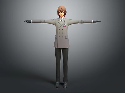 3D Animated Character in Gray Uniform with Brown Hair and Outstretched Arms 3d model