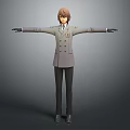 3D Animated Character in Gray Uniform with Brown Hair and Outstretched Arms
