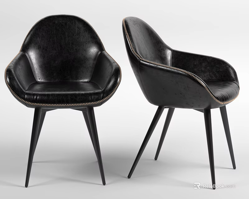 Modern Black Leather Dining Chairs With Stitched Details And Slim Legs 3d model 