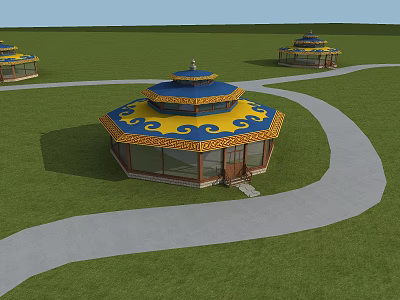 Traditional Yurts With Blue And Yellow Domes On Green Grassland And Winding Pathway 3d model