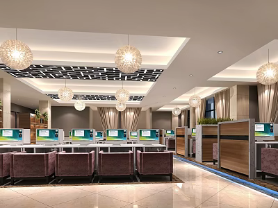 Modern Internet Cafe Interior With Comfortable Seats Computers And Pendant Lights 3d model