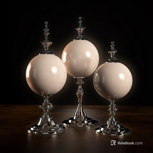 Three Piece Decorative Ornament Set With White Spherical Bodies And Silver Metal Bases 3d model 