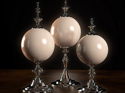 Three Piece Decorative Ornament Set With White Spherical Bodies And Silver Metal Bases 3d model