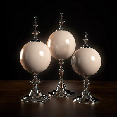 Three Piece Decorative Ornament Set With White Spherical Bodies And Silver Metal Bases 3d model