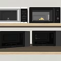 Modern Kitchen Appliances Microwave Ovens On Two Shelves With Digital Displays And Food