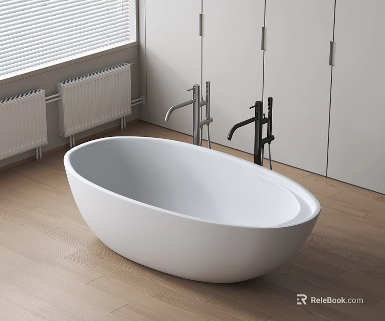 Freestanding White Oval Bathtub With Black Silver Faucets Wooden Floor And White Cabinets 3d model 