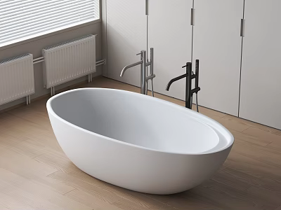 Freestanding White Oval Bathtub With Black Silver Faucets Wooden Floor And White Cabinets 3d model