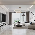 Modern Living Dining Room With Marble Wall Circular Pendant Lights White Sofa And Floor Lamp