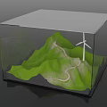 Scenic Green Mountainous Landscape With Winding Road And Wind Turbine In Transparent Cube