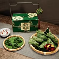 Traditional Dragon Boat Festival Zongzi in Green Gift Box with Reed Leaves and Bamboo Trays