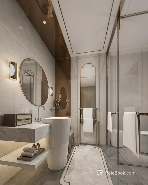 Elegant Modern Bathroom Interior With Round Mirror Marble Counter Gold Accents And Shower 3d model 