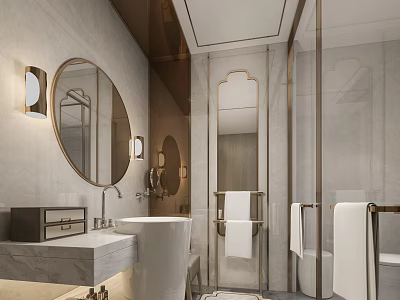 Elegant Modern Bathroom Interior With Round Mirror Marble Counter Gold Accents And Shower 3d model