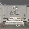 Modern Elegant Bedroom Interior With Upholstered Bed Framed Artworks Pendant Light And Striped Rug