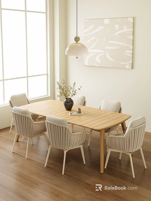 Natural Light Dining Table Set With Wooden Table Six Rattan Chairs And Wall Art 3d model 