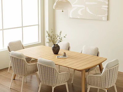 Natural Light Dining Table Set With Wooden Table Six Rattan Chairs And Wall Art 3d model