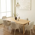 Natural Light Dining Table Set With Wooden Table Six Rattan Chairs And Wall Art
