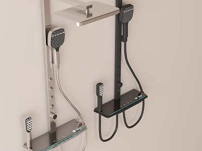 Modern Wall Mounted Shower Faucet With Multiple Black Silver Heads And Glass Shelves 3d model