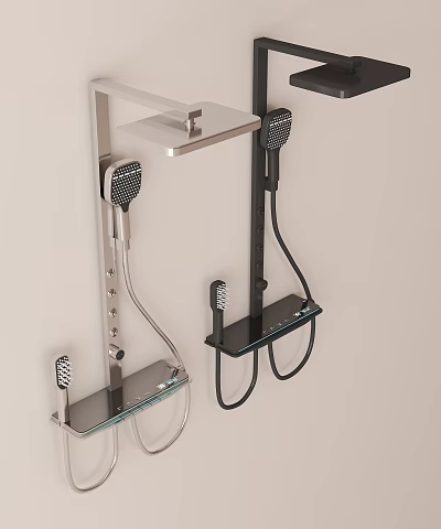 Modern Wall Mounted Shower Faucet With Multiple Black Silver Heads And Glass Shelves 3d model