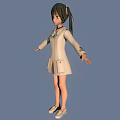 3D Anime Character With Pigtails Green Eyes Beige Coat Bow Tie Short Skirt Outstretched Arms
