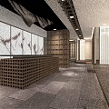Elegant Lobby Interior With Wooden Grid Walls Golden Reception Counter Modern Chandelier And Herringbone Floor