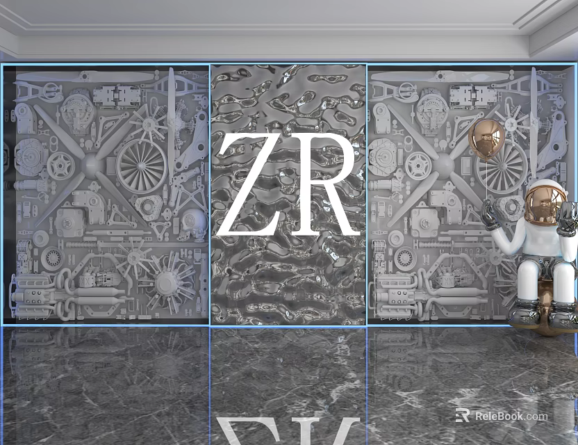 Mechanical Pattern Background Wall With ZR Lettering Astronaut Ornament Golden Sphere And Shiny Marble Floor 3d model 