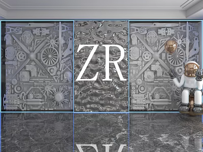 Mechanical Pattern Background Wall With ZR Lettering Astronaut Ornament Golden Sphere And Shiny Marble Floor 3d model