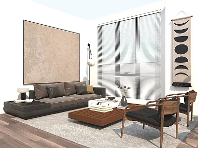 Modern Living Room Sofa And Wooden Coffee Table With Cushions Books Vase Chairs And Blinds 3d model