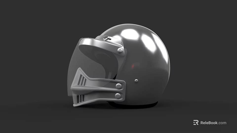 Silver Metallic Helmet With Protective Visor And Sports Safety Design 3d model 