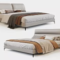 Sleek Modern Double Bed with Light Gray Headboard Frame and Beige Brown Blankets Bedding 3d model