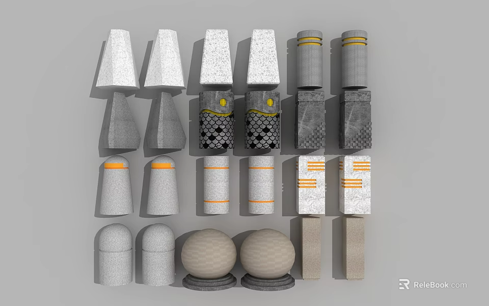 Roadside Traffic Safety Facilities With Various Cones Cylinders Concrete Textures And Orange Stripes 3d model 