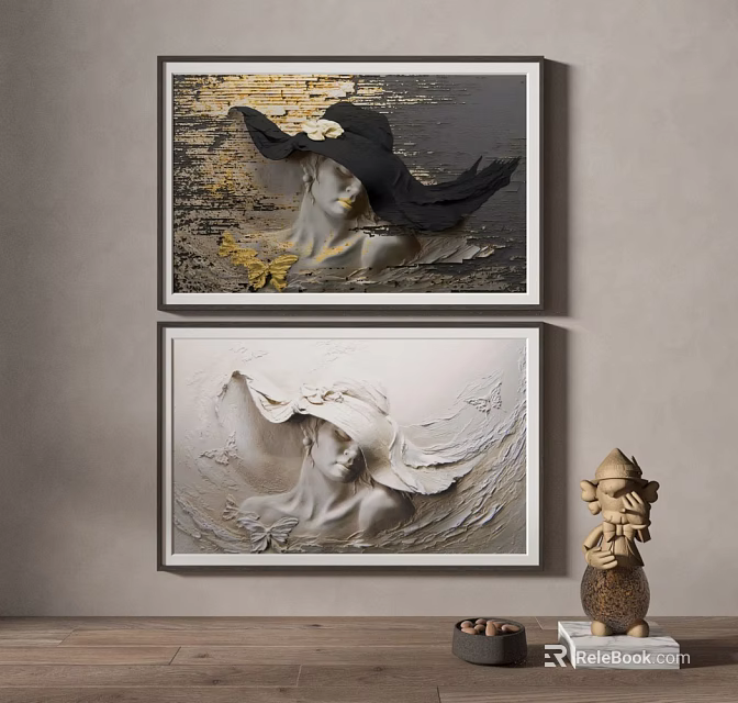 Textured Portrait Paintings Of Women With Hats As Wall Decor 3d model 