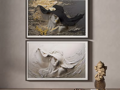 Textured Portrait Paintings Of Women With Hats As Wall Decor 3d model