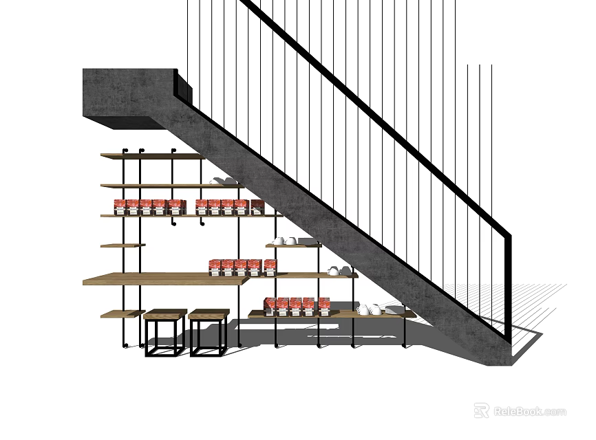 Concrete Stairs With Black Handrail And Lower Shelves Holding Red Items And Small Stools 3d model 