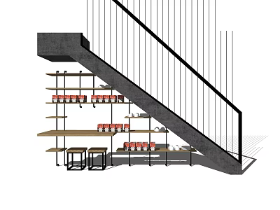 Concrete Stairs With Black Handrail And Lower Shelves Holding Red Items And Small Stools 3d model
