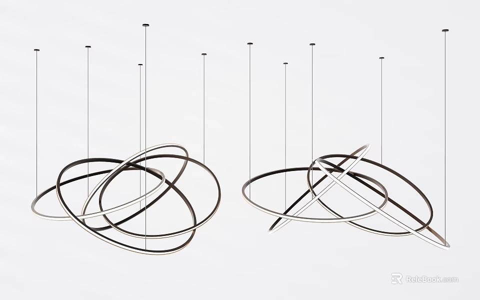 Modern Chandelier Interior Design With Multiple Circular Metal Structures Sleek Lines And Black White Color 3d model 