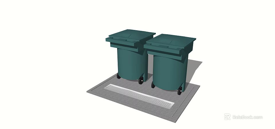 Outdoor Public Green Trash Bins With Wheels On Grated Platform 3d model 