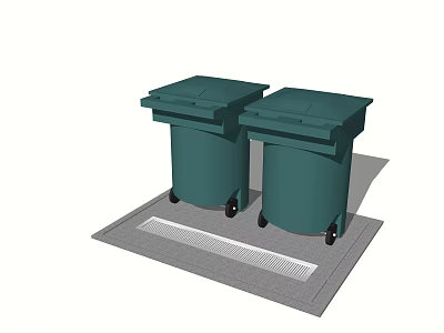 Outdoor Public Green Trash Bins With Wheels On Grated Platform 3d model